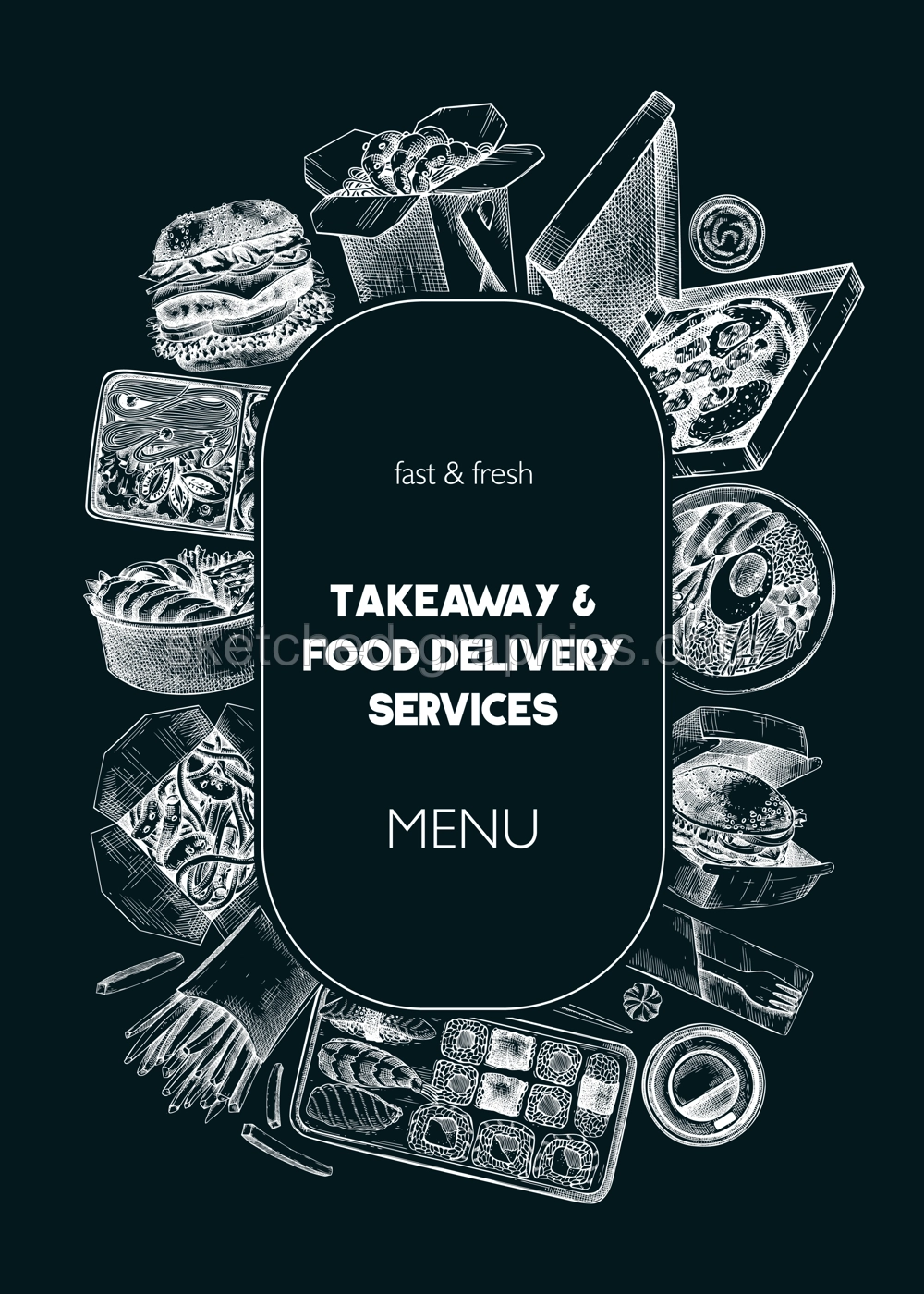 Engraved fast food restaurant flyer. Hand-drawn vector illustration on chalkboard. Burger, pizza box, paper bag, coffee cup sketch. Takeaway food or delivery menu design, poster template Illustration